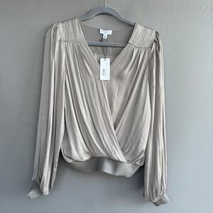 NWT Current Air Shai Taupe Blouse - v neck -wrap - silky - long sleeve - size S